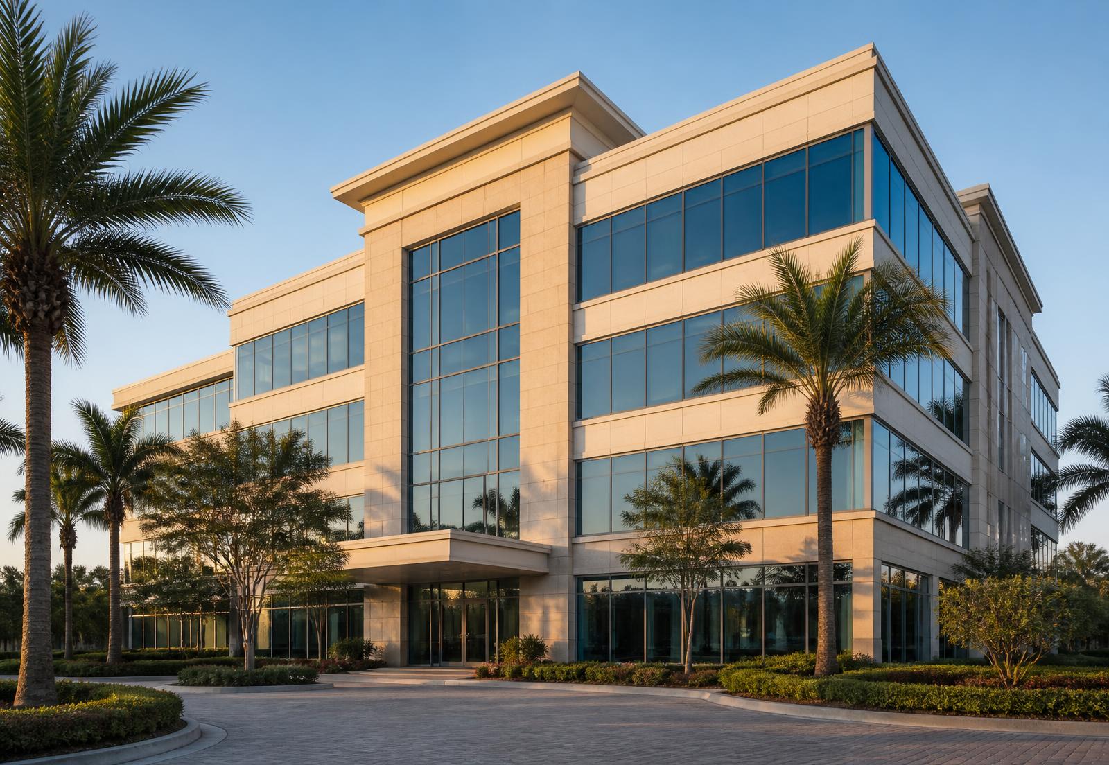 Contemporary commercial office building with a warm stone and glass facade