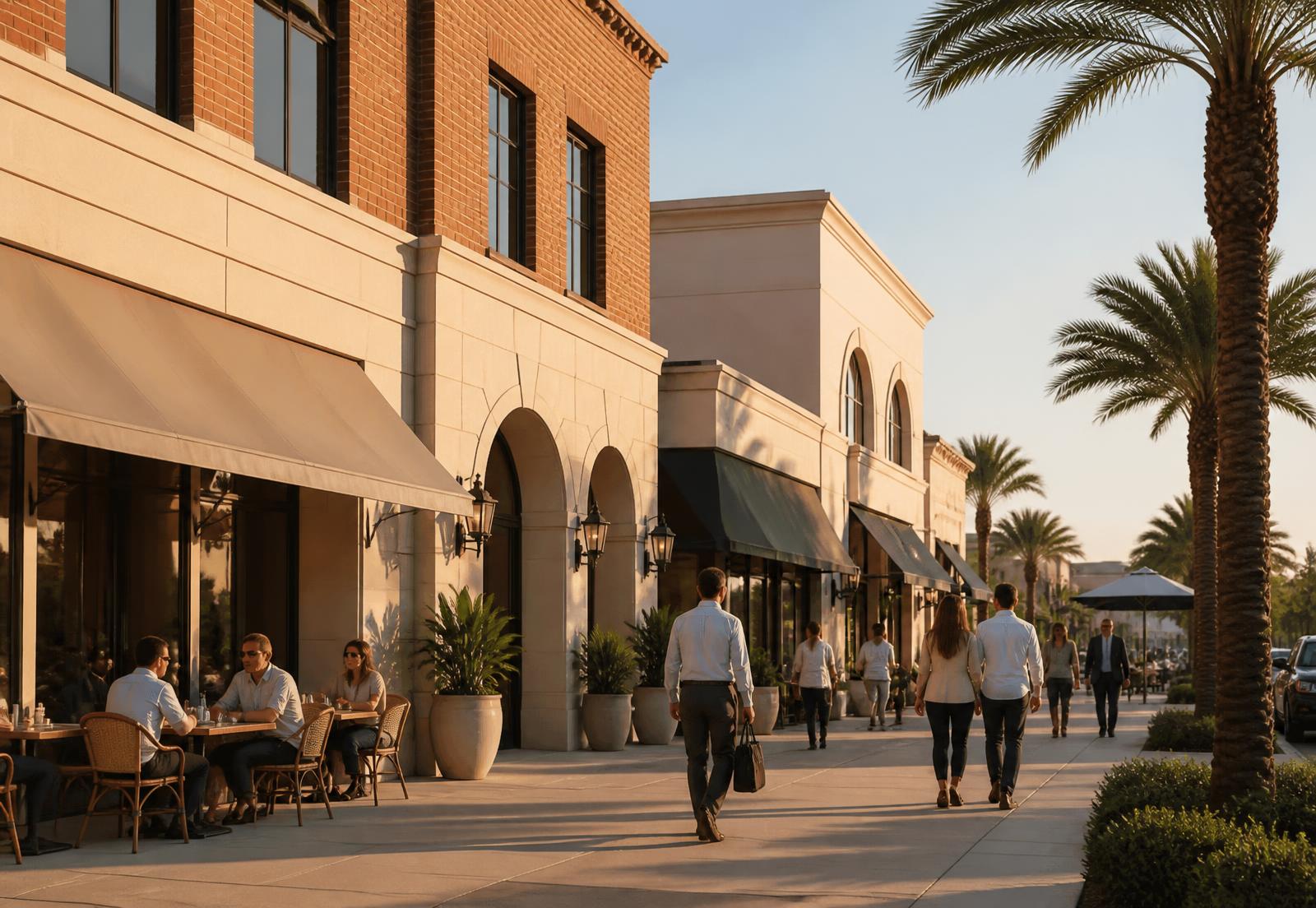 Commercial streetscape of low-rise brick and stucco buildings in Florida